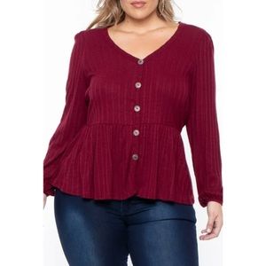 Curvy Sense Women's Burgundy Red Ribbed Knit Long Sleeve Buttoned Peplum Top 3X